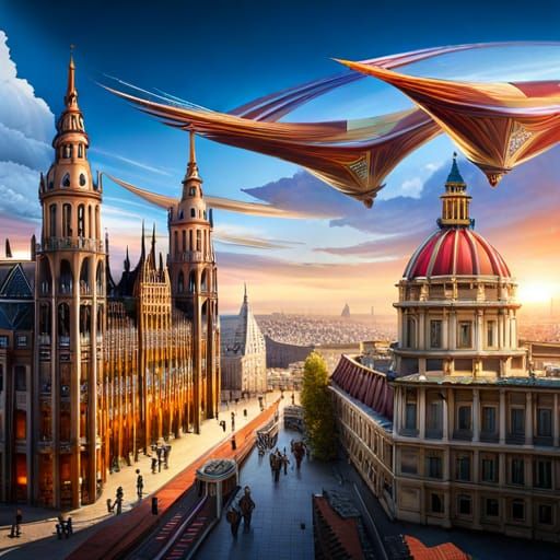 Flying Bicycles Over Budapest in Fantasy Art Style
