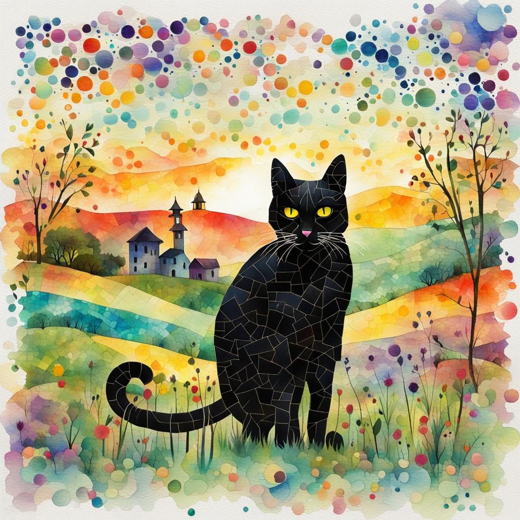 Whimsical Glitchcore Black Cat in Mosaic Countryside