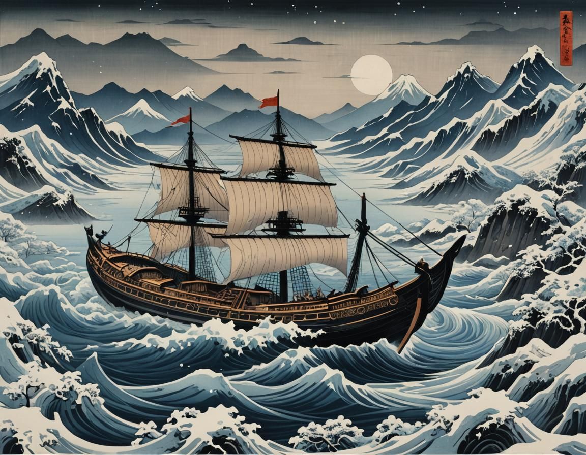 Viking Longship in Ukiyo-e Style on Icy Waters