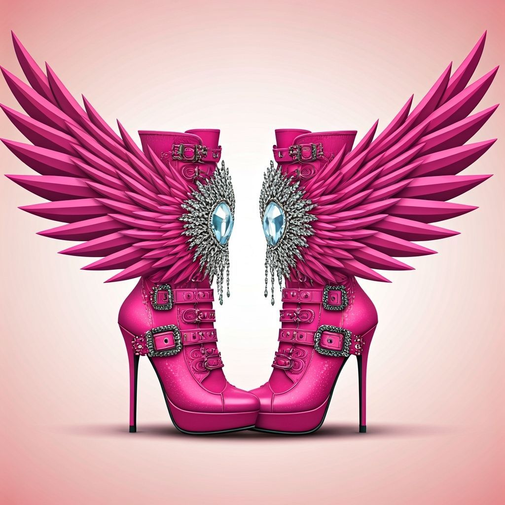 Avant-Garde Pink Highboots with Wings and Diamonds