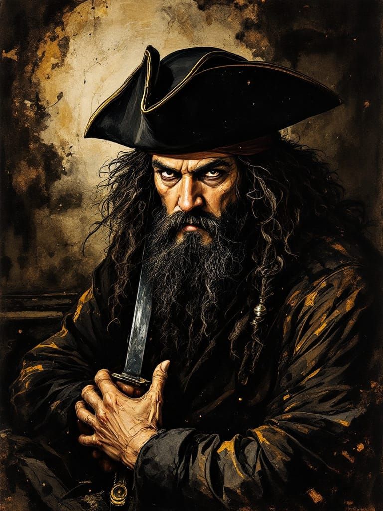 Blackbeard Portrait in Amber Luminosity and Calligraphic Sty...