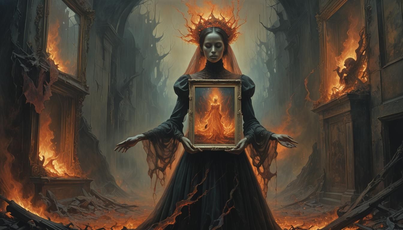 Translucent Figure in Hell Flames: A Beksinski-esque Vision