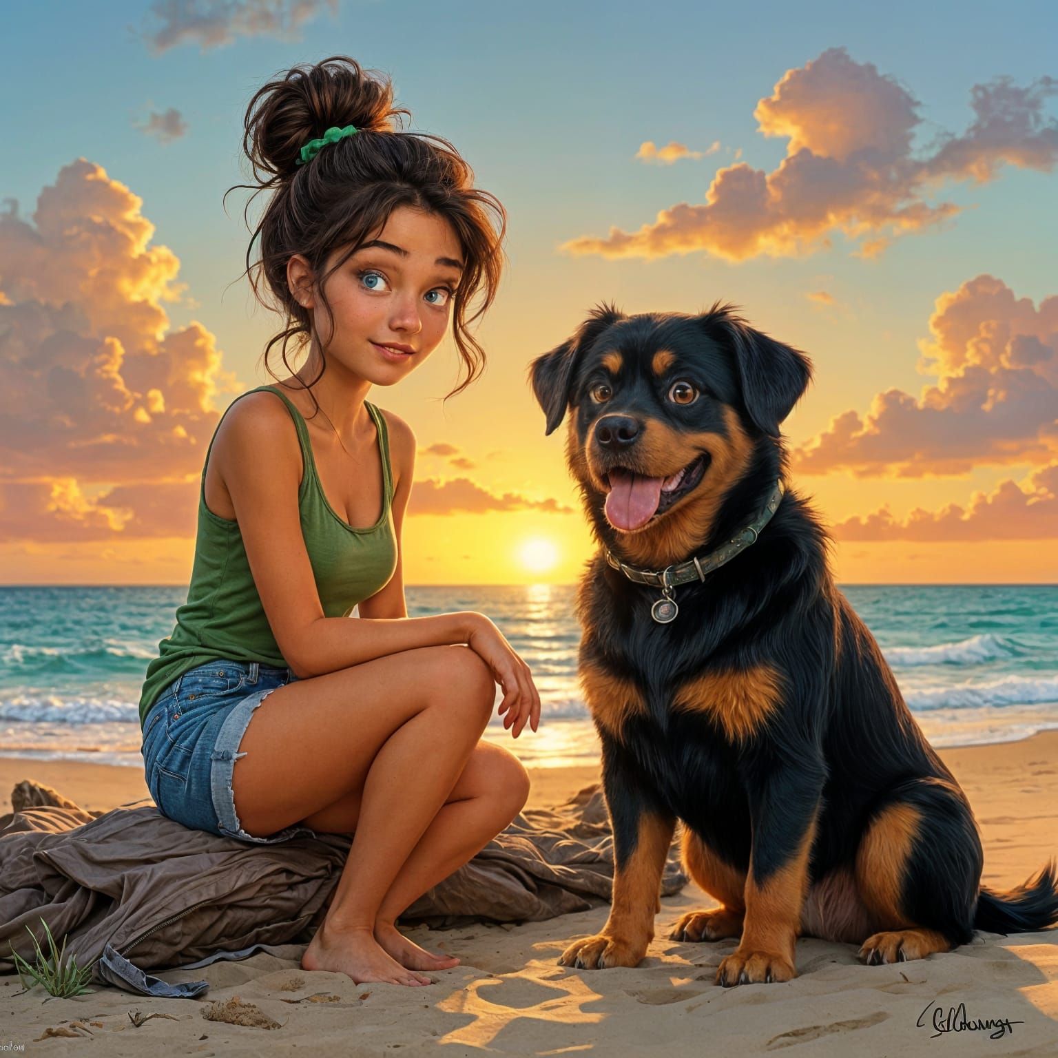 Woman and Rottweiler at Sunset, Disney Pixar Style