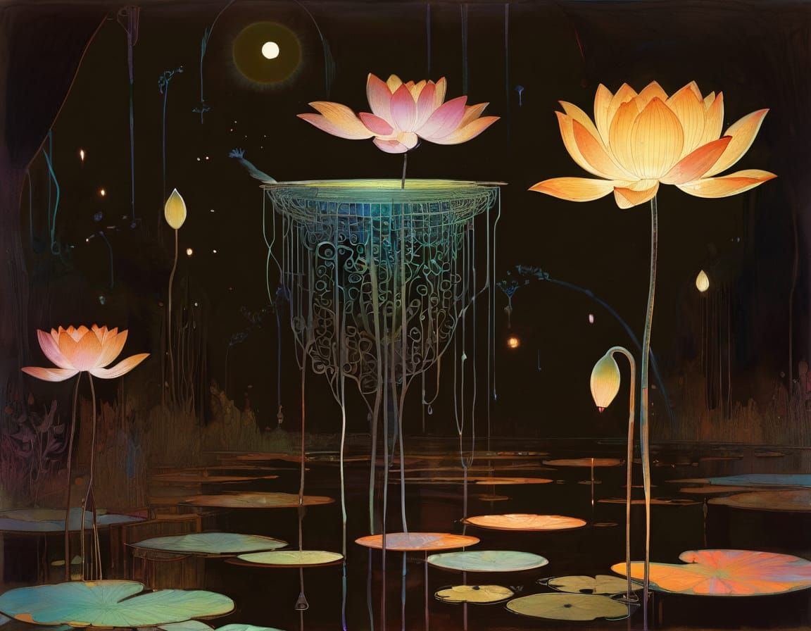 Bioluminescent Lotus in Alien Jungle Twilight