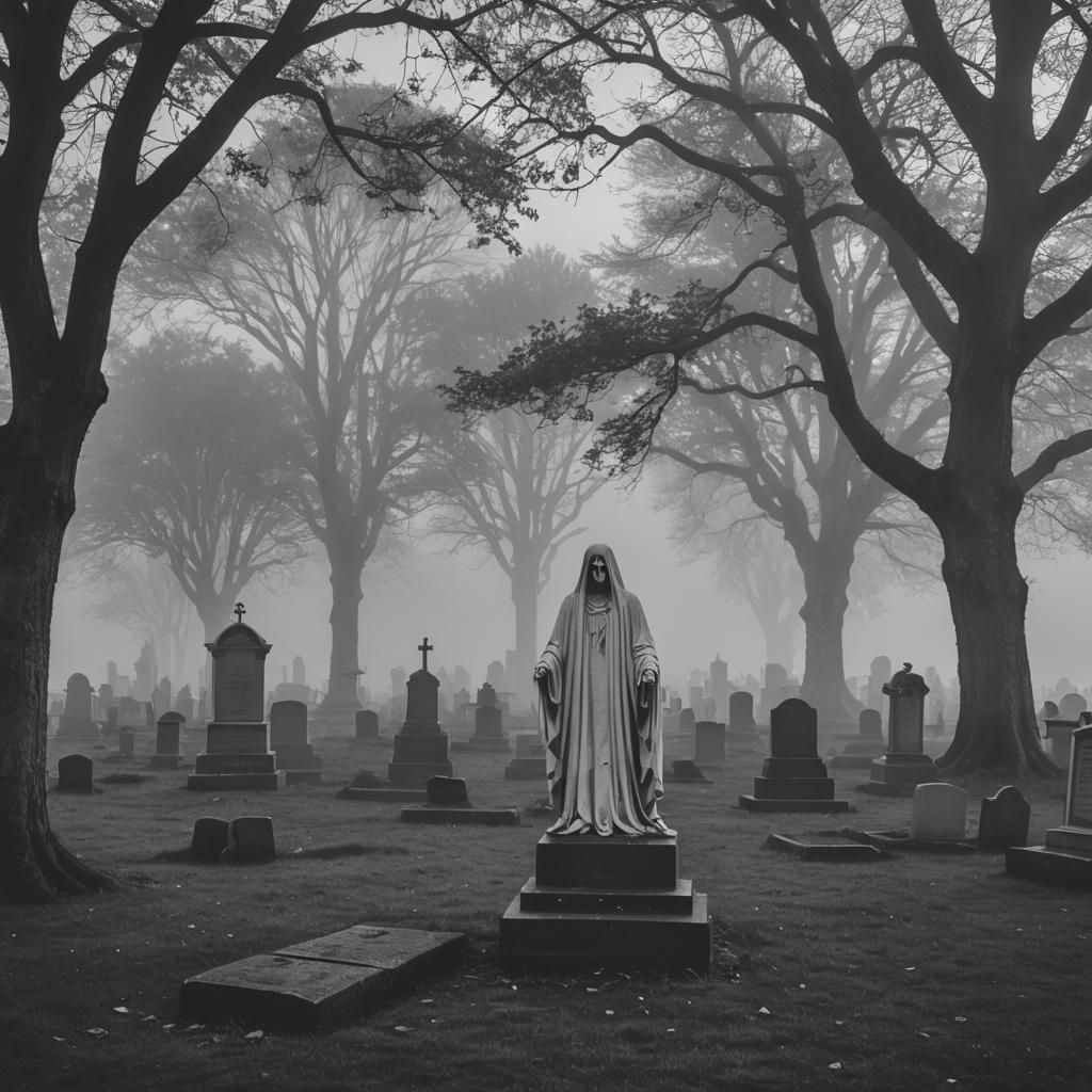 Ghostly Figure in Misty Cemetery at Sunrise
