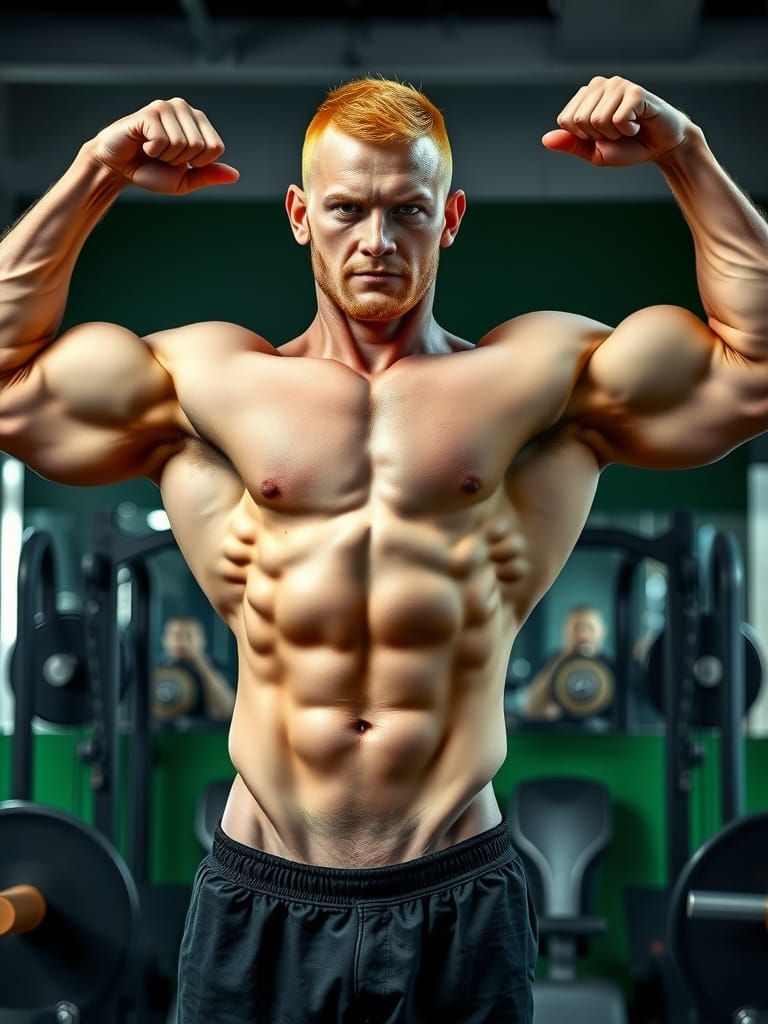 Muscular Ginger Bodybuilder Flexing Biceps in Gym