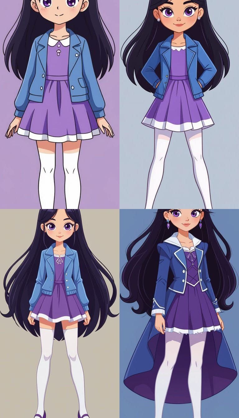 Vector Style Teen Girl with Black Hair and Purple Eyes