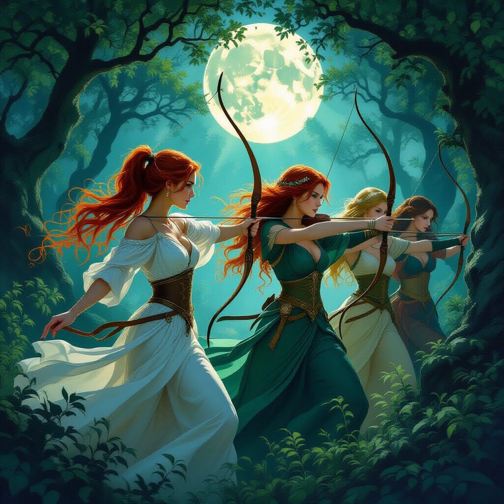 Goddesses Hunt in Moonlit Forest, Romantic Painterly Style