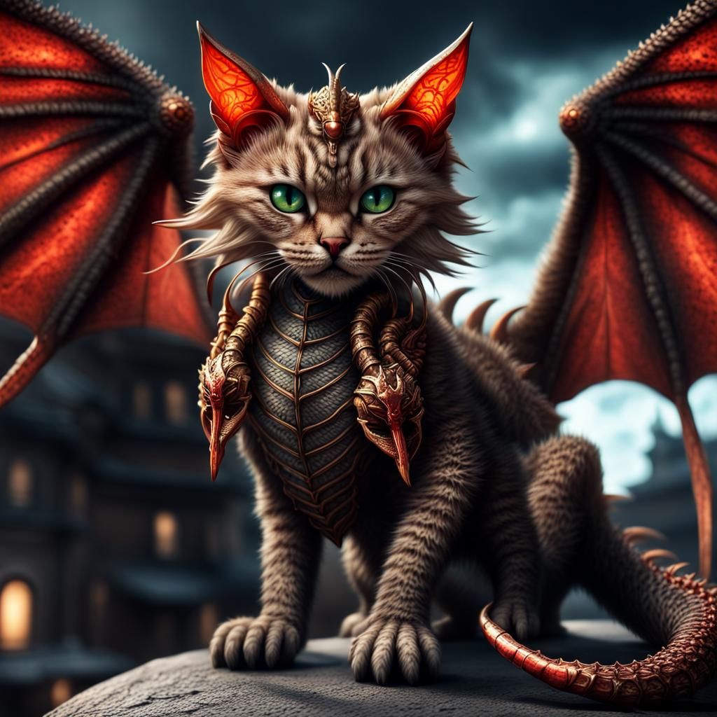Fluffy Demon Cat with Dragon Wings and Scorpion Tail