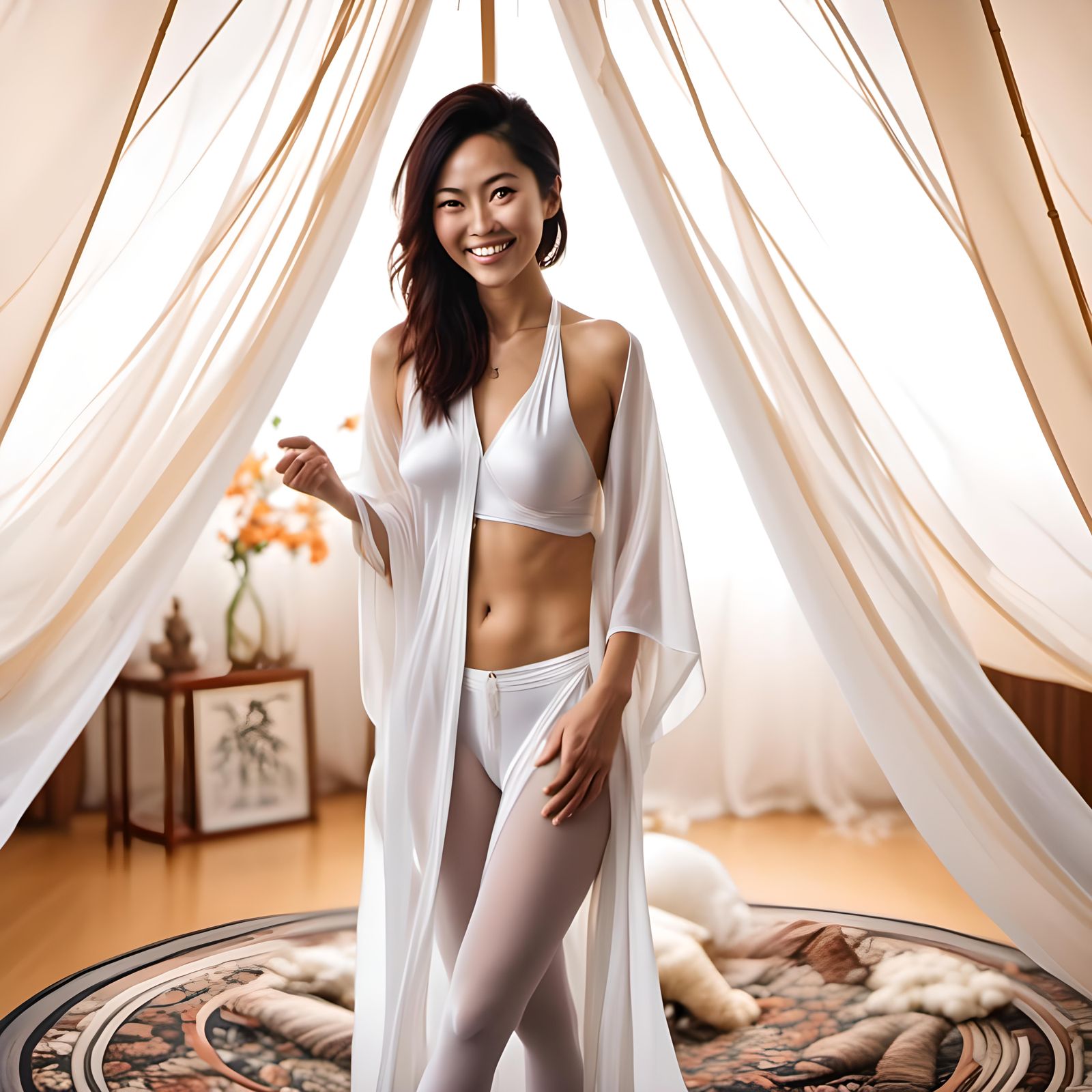 Asian Woman in Sheer Robe with Golden Sunlight