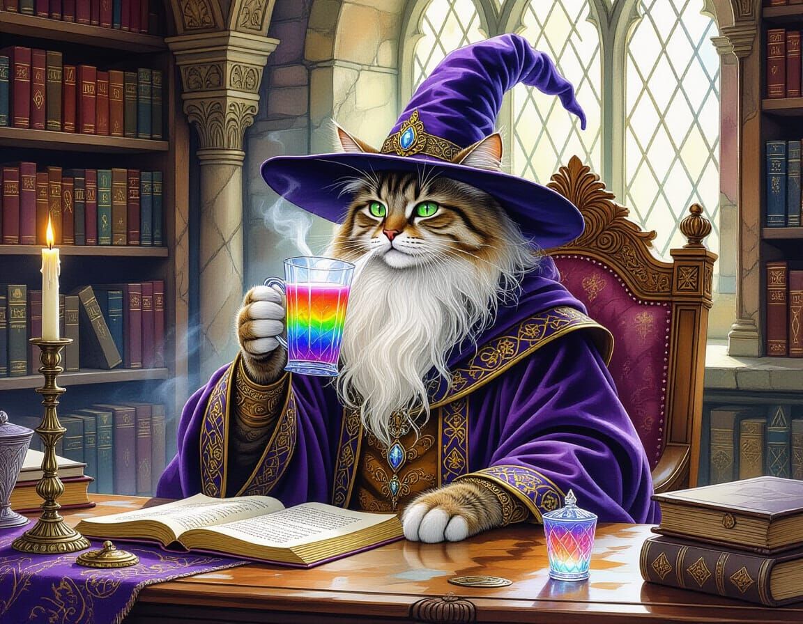 Majestic Wizard Cat in Mystical Library