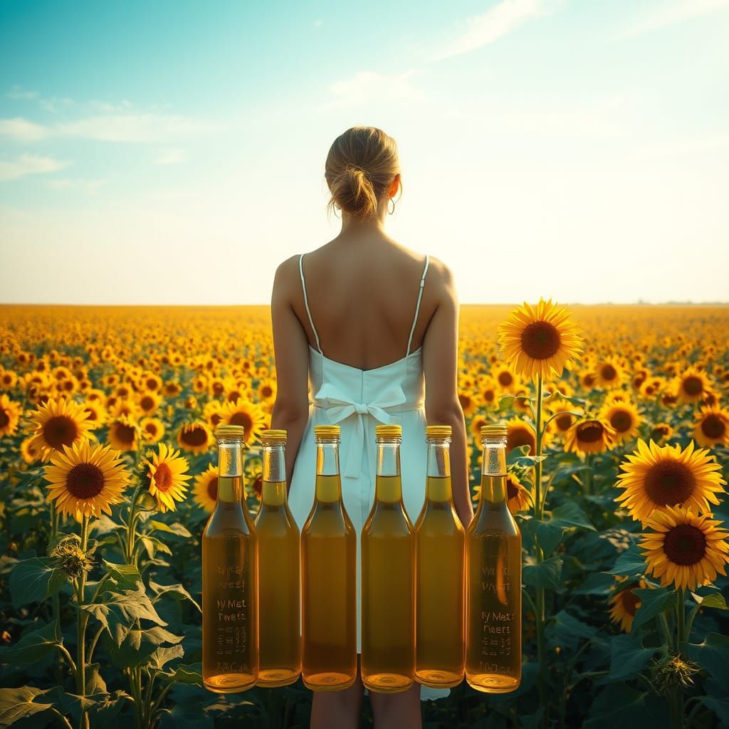 Woman in Sunflower Field with Oil Bottles