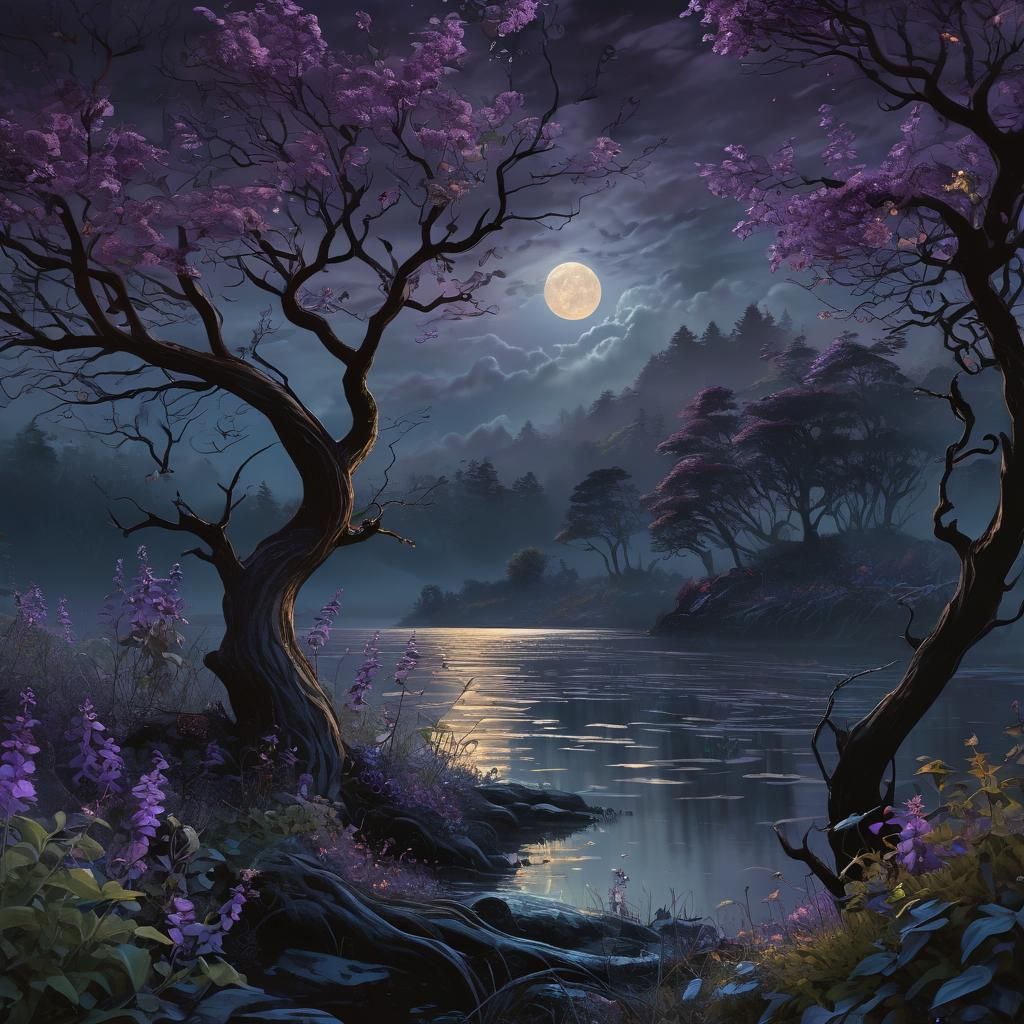 Eerie Fantasy Landscape with Nightshade and Moonlight