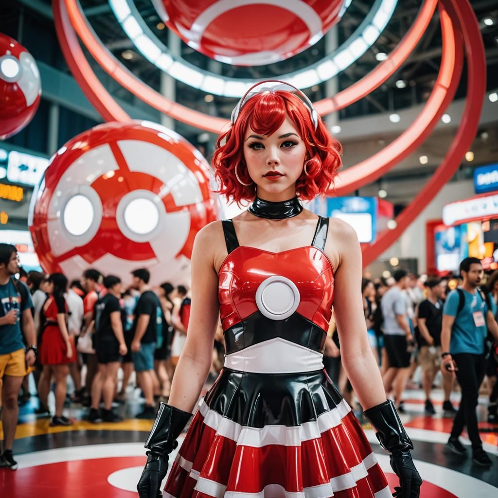 Sci-Fi Cosplay: Woman in Pokéball Latex Dress