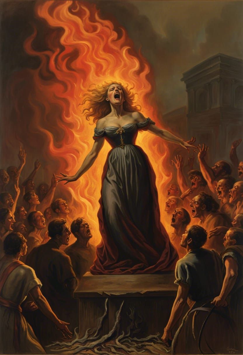 Horror Art of Zombie Woman Burned at Stake in Flames