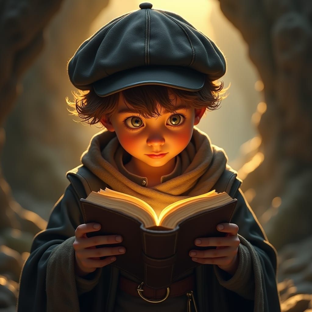Boy Reading Tome in a Fantastical Realm