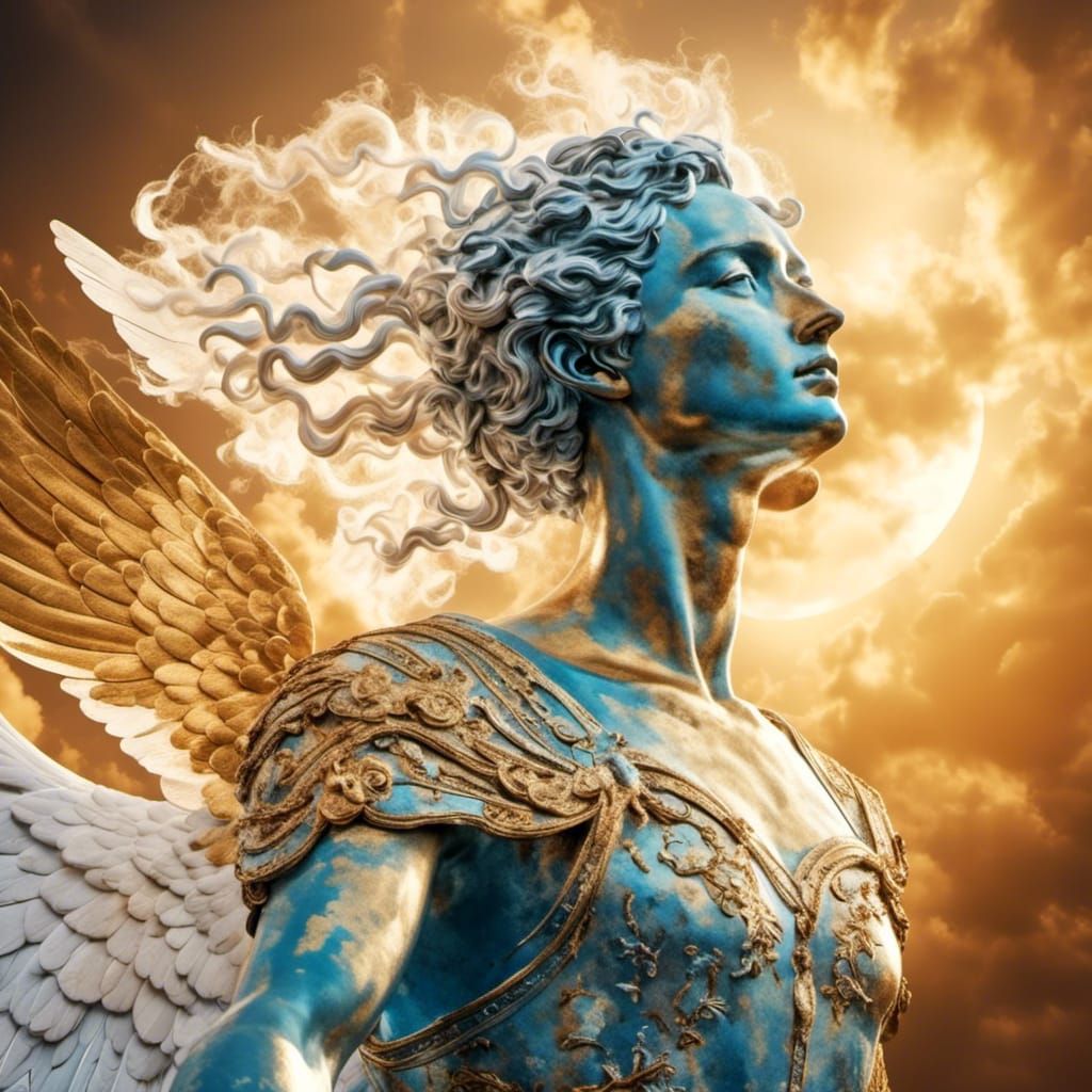 Hyperrealistic Angel Levitating in Sunny Sky