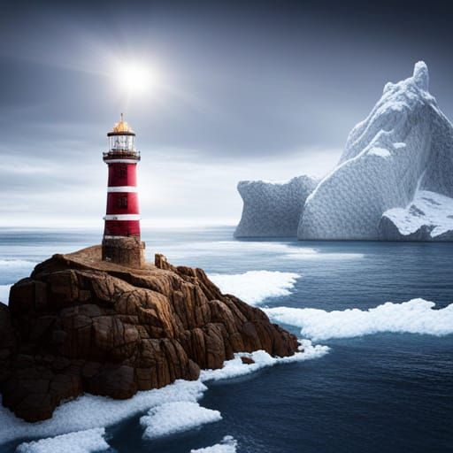 a highly, intensely detailed ice covered lighthouse standing...