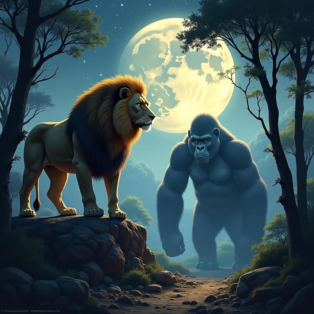 Lion and Gorilla Standoff Under Moonlight in Folk Art Style