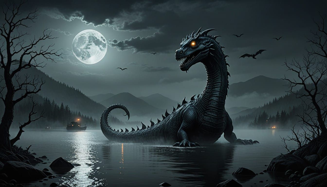 Ogopogo monster, evil, ominous, full moon, epic lighting, fo...
