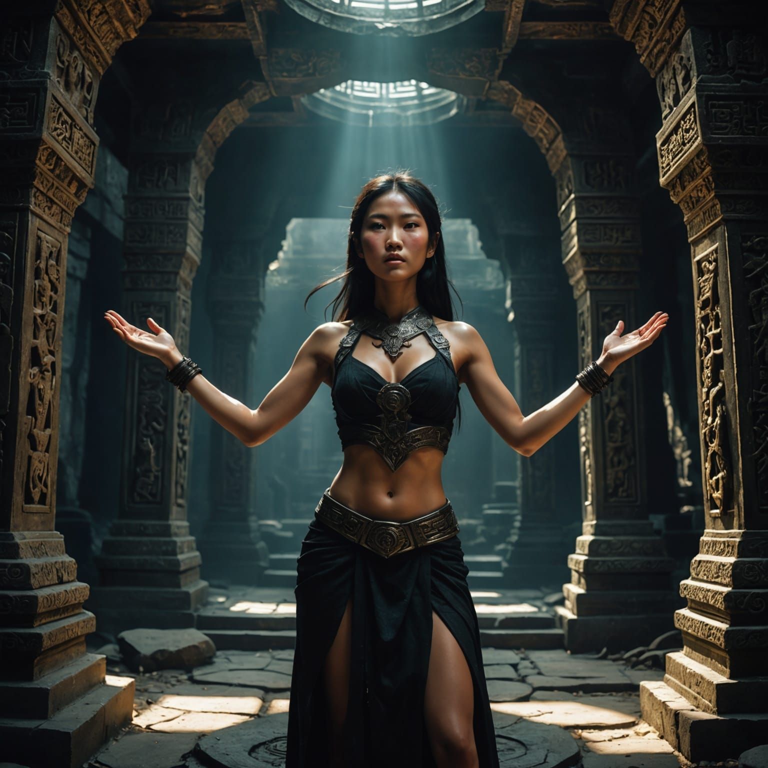 Sorceress Summons Dark Magic in a Giger-esque Temple