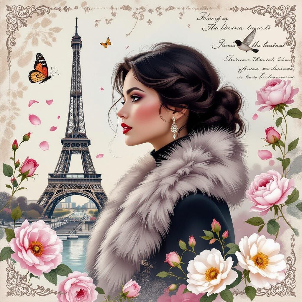 A serene, artistic composition featuring a profile of a woman with dark hair, wearing a fur collar. She is surrounded by...
