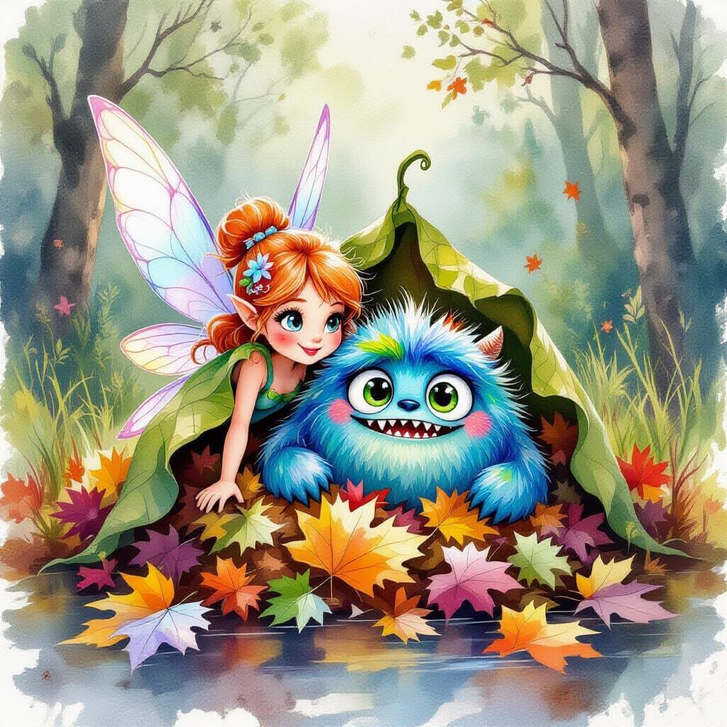 Fuzzy Monster & Fairy Peeking from Leaves in Watercolor Styl...