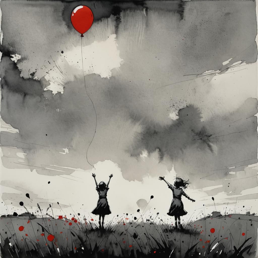 Girl Reaching for Balloon in Watercolor Style