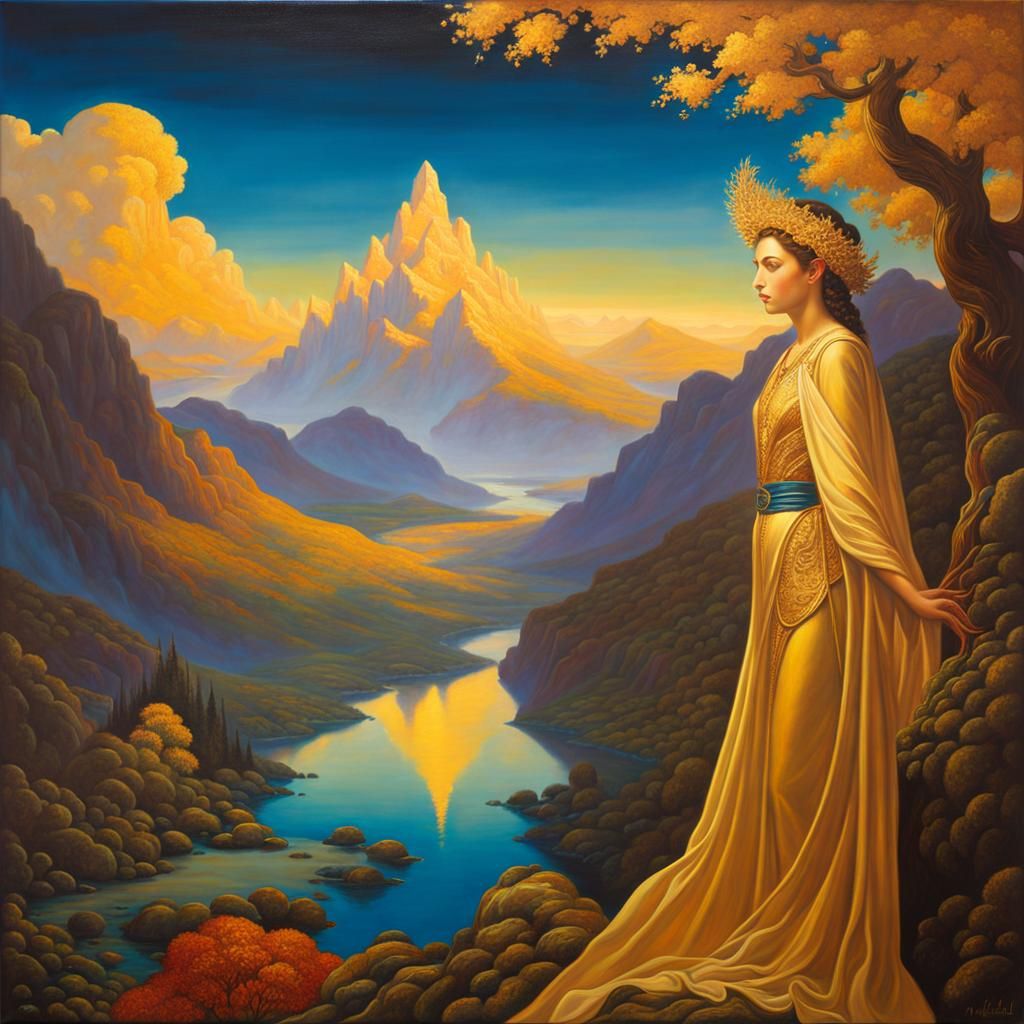 Golden Elf in Ethereal Landscape, Parrish Style
