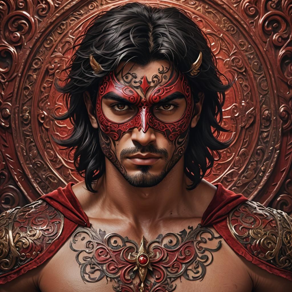 Latino Superhero with Crimson Mask in Dystopian Cityscape