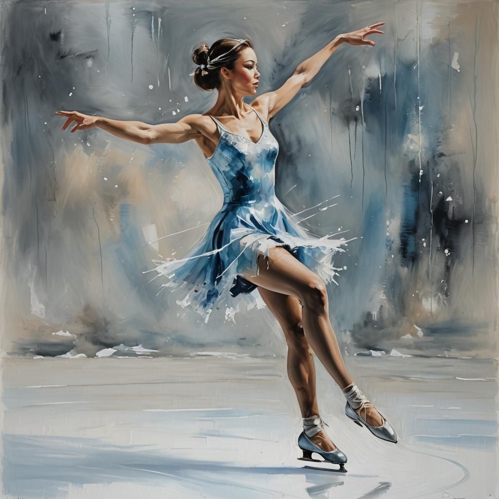 Ice Skater in Tachisme Style with Dynamic Brushwork