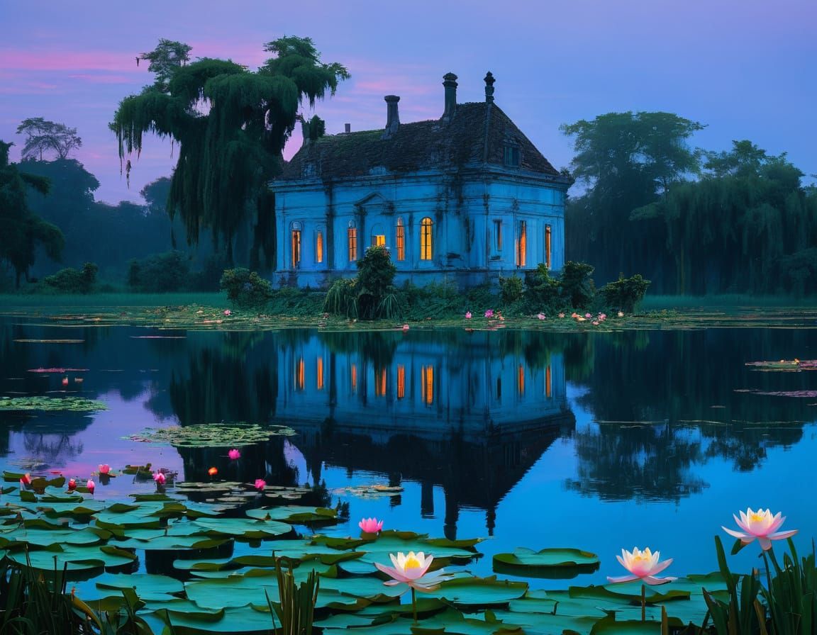 Abandoned Manor House at Dusk on Serene Lake with Water Lili...