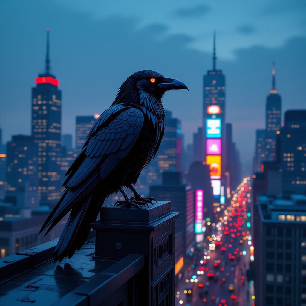Metallic Raven Overlooking City in Synthwave Style