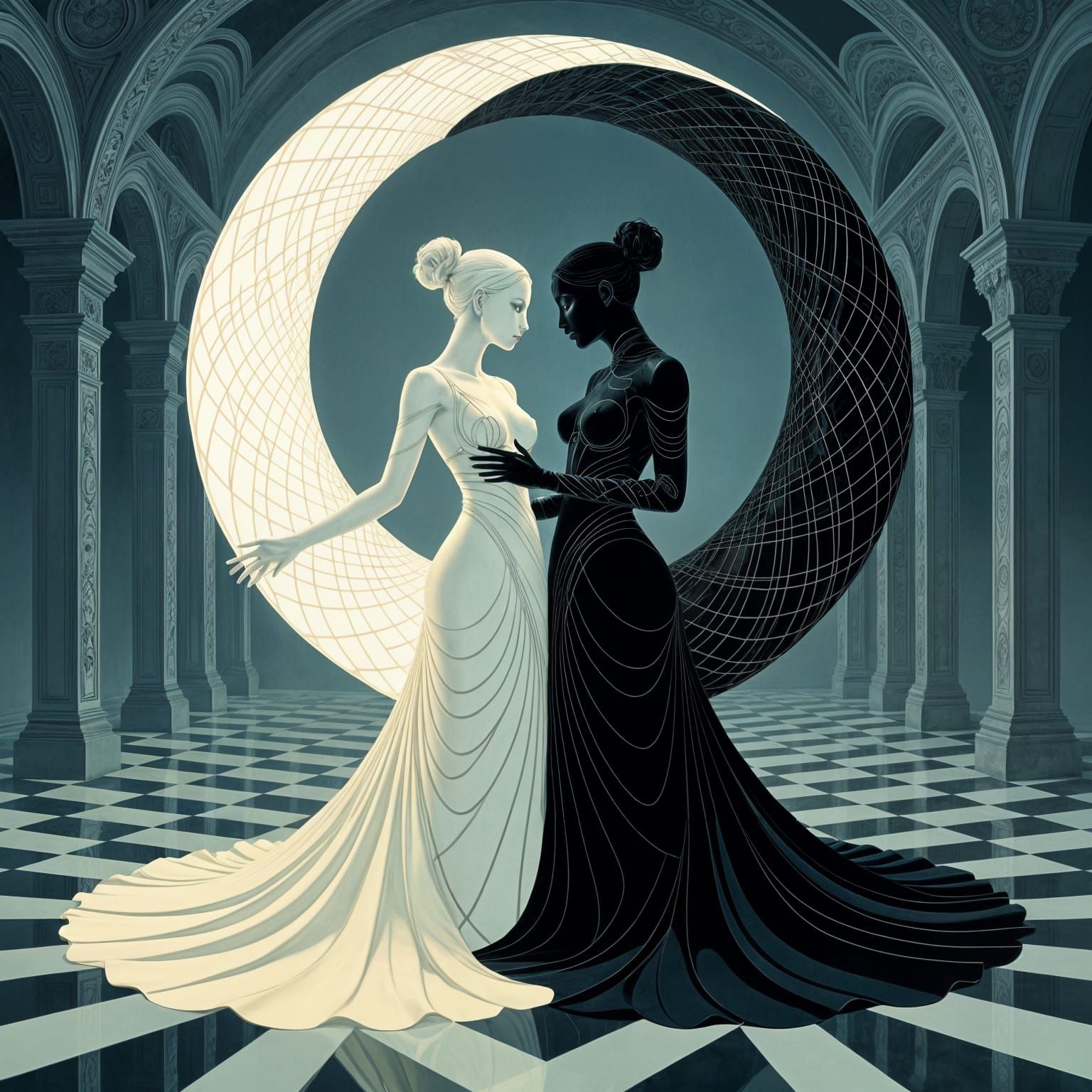 Surreal Yin-Yang Figures in Vertigo-Style Illusion