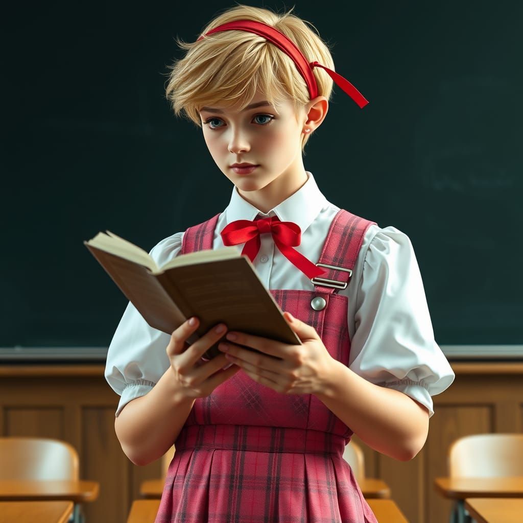 Confident Young Man Reads Poetry in a Schoolgirl Uniform