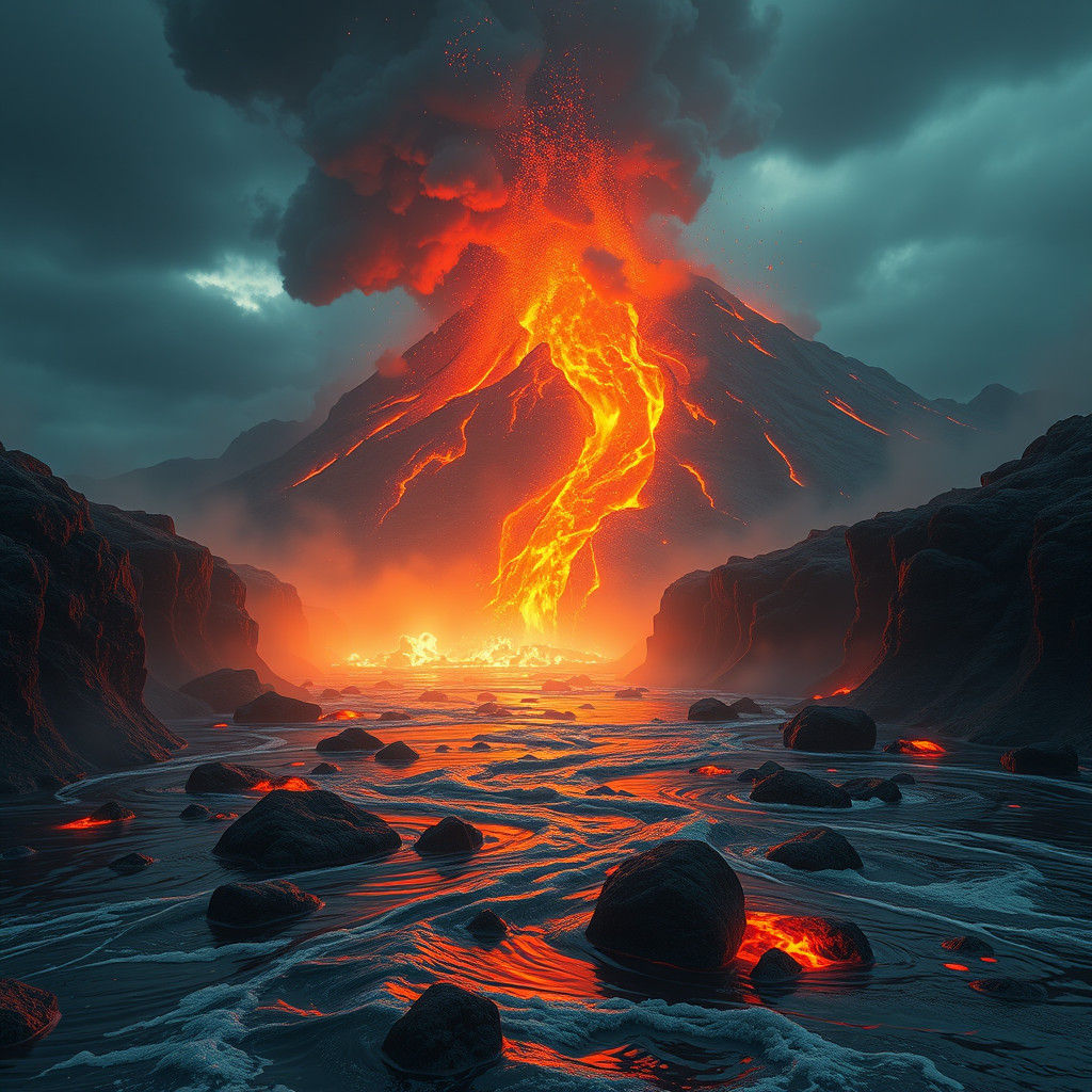 Volcano Eruption Flows Into River: Detailed Matte Painting
