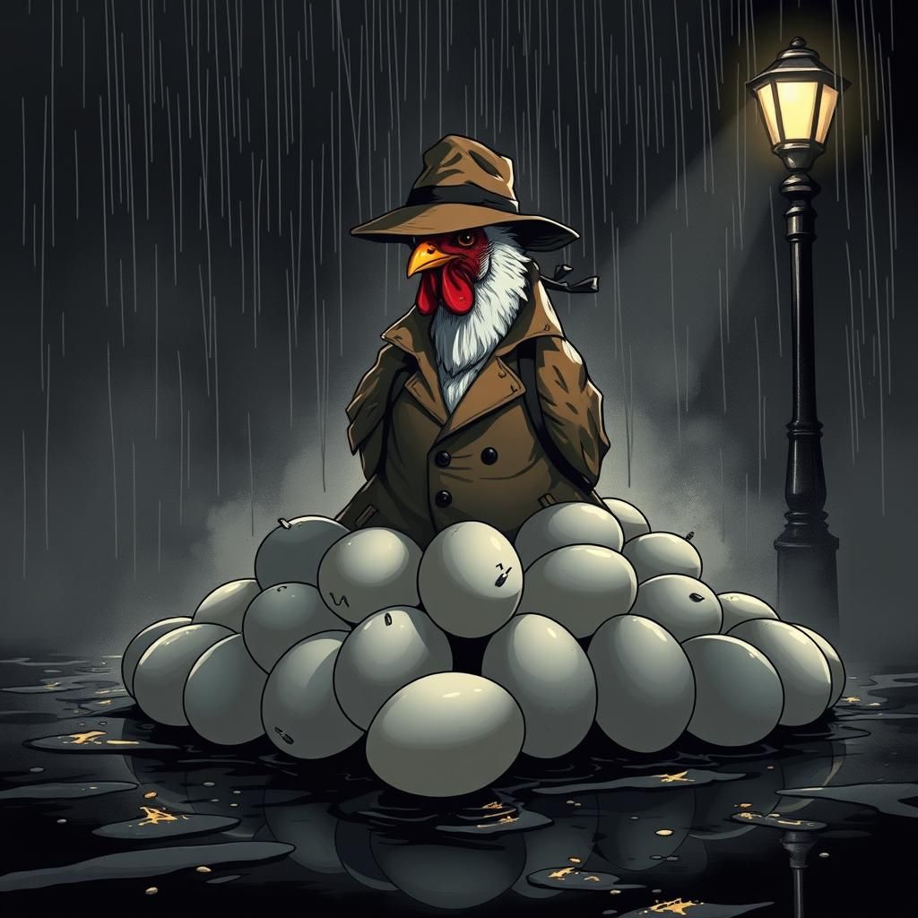 A lone, gumshoe chicken, dressed in a crumpled fedora hat an...