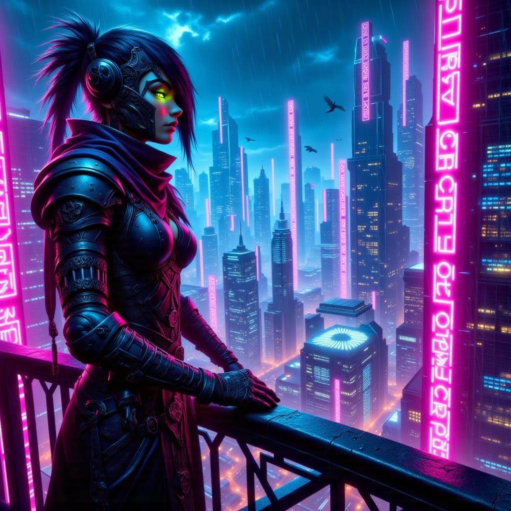 Futuristic Warrior Woman Overlooking Cyberpunk City