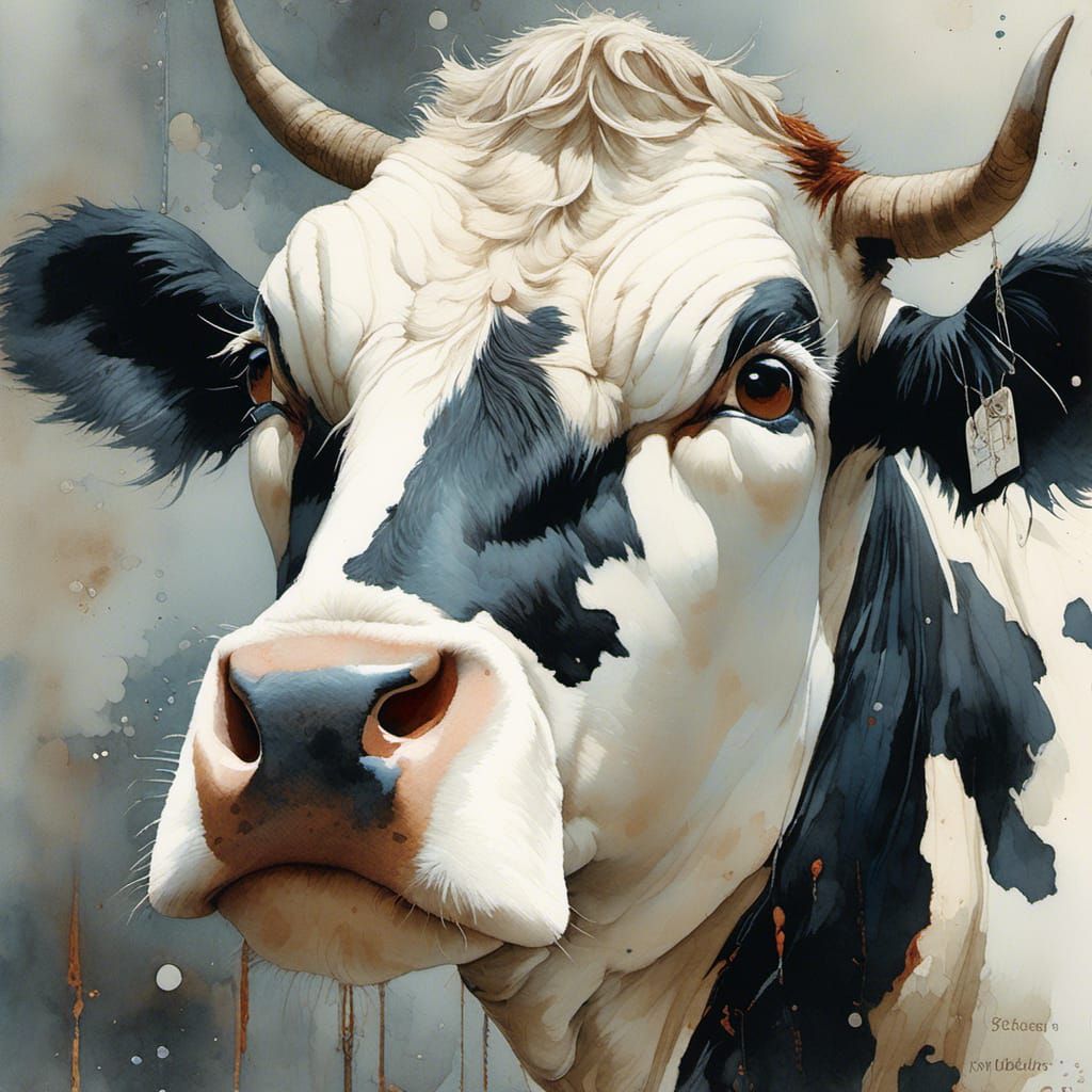 Detailed Holstein Cow Portrait in Watercolor Style