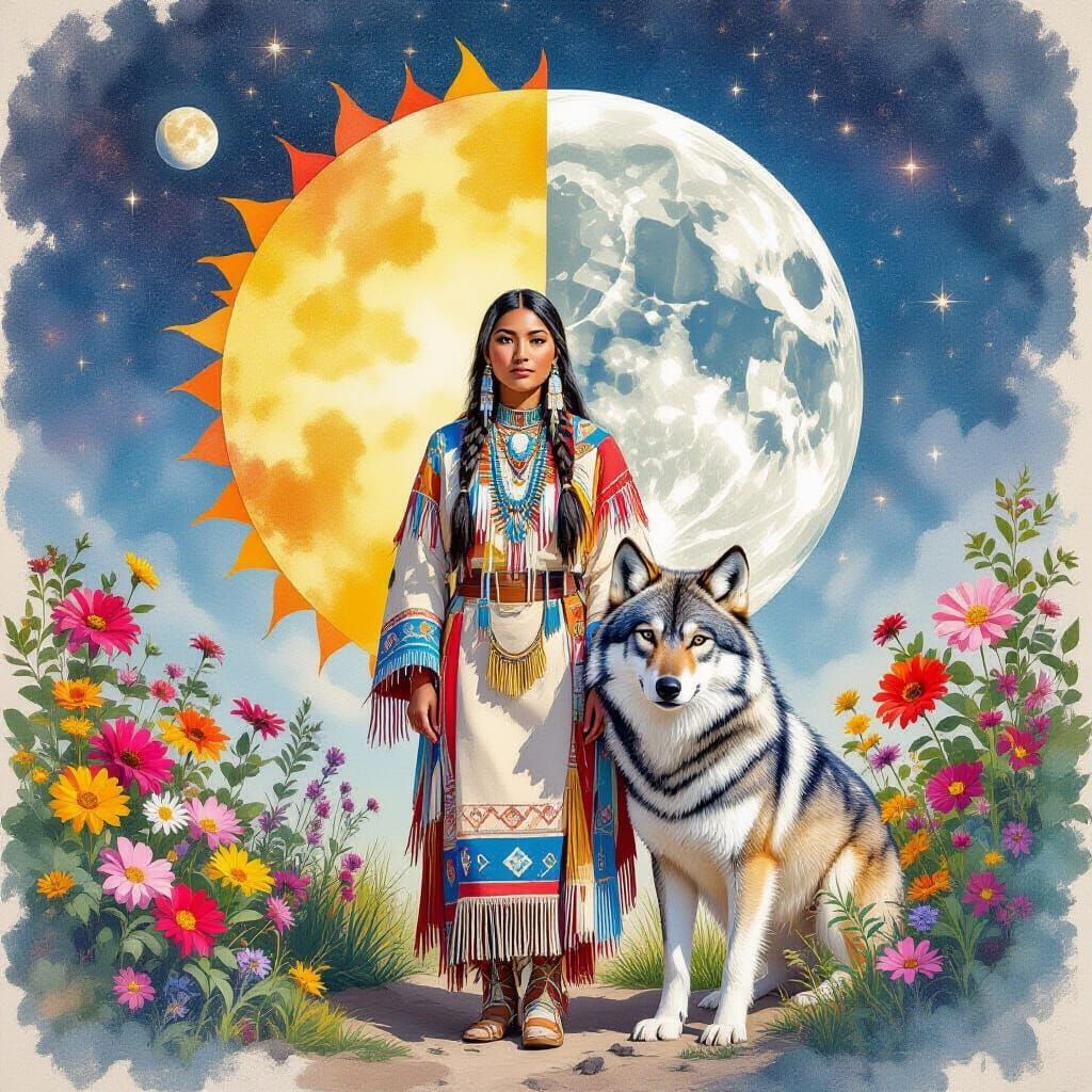 Native American Woman in Watercolor Celestial Scene