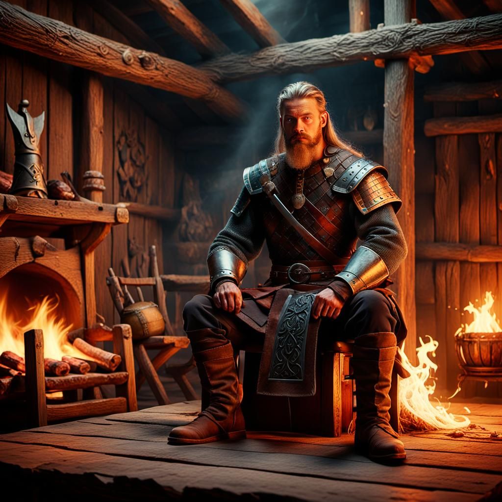 Viking Warrior in Dimly Lit House Interior