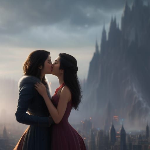 Two Girls Kissing with Engagement Ring, Detailed Portrait