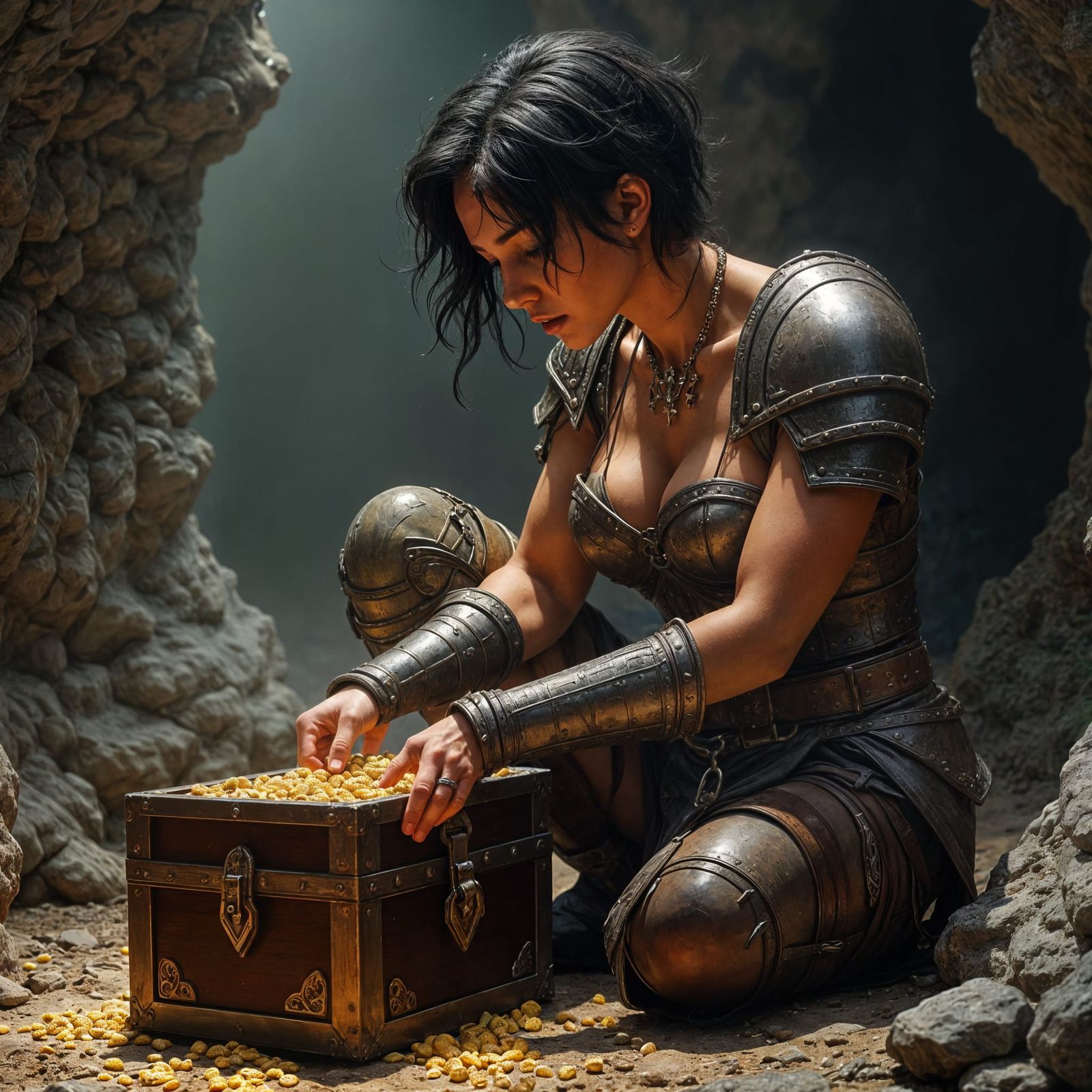 Fantasy Warrior Woman Finds Treasure in Cave