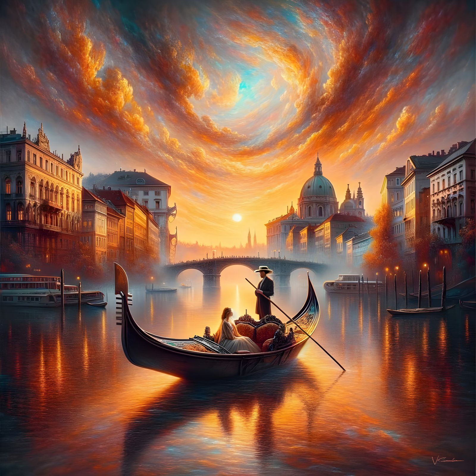 Ethereal Vienna River Scene with Gondola and Bridge at Sunse...