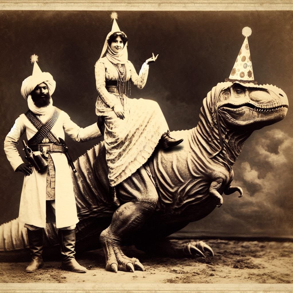 Hunters Celebrate Tyrannosaurus Rex Birthday, Sepia Tone