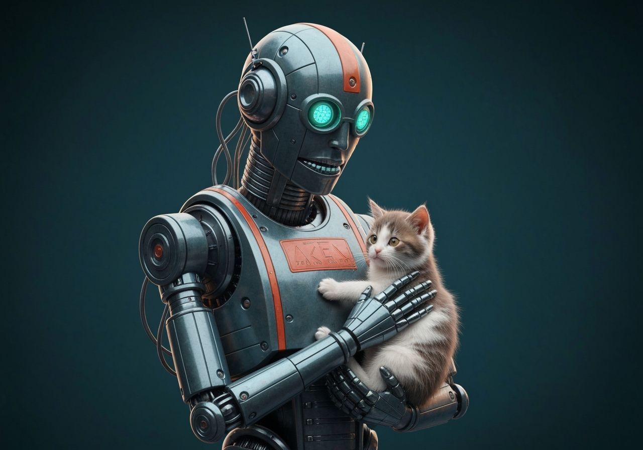 Urbanpunk Robot Gently Cradling a Kitten