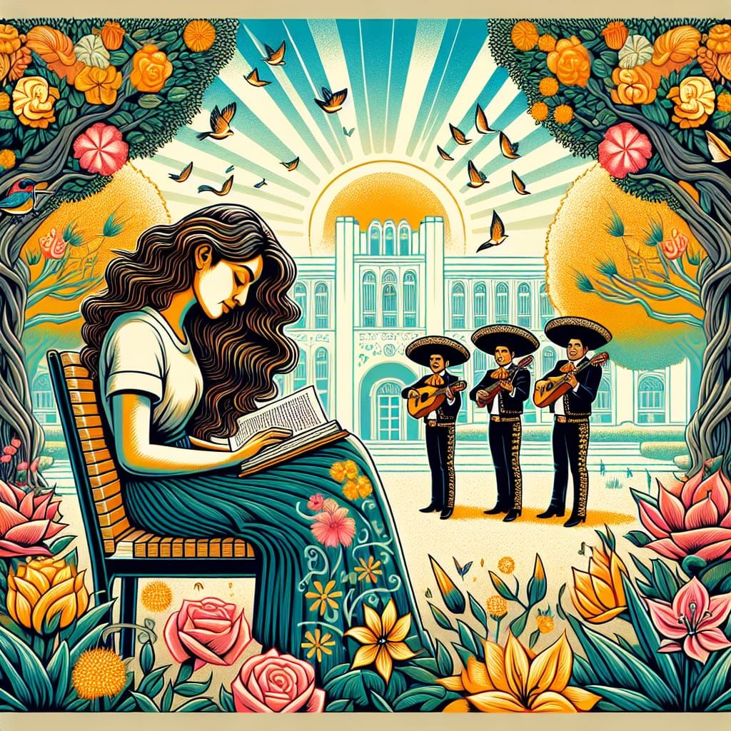 Hispanic Woman Reading in a Mexican Spring Garden