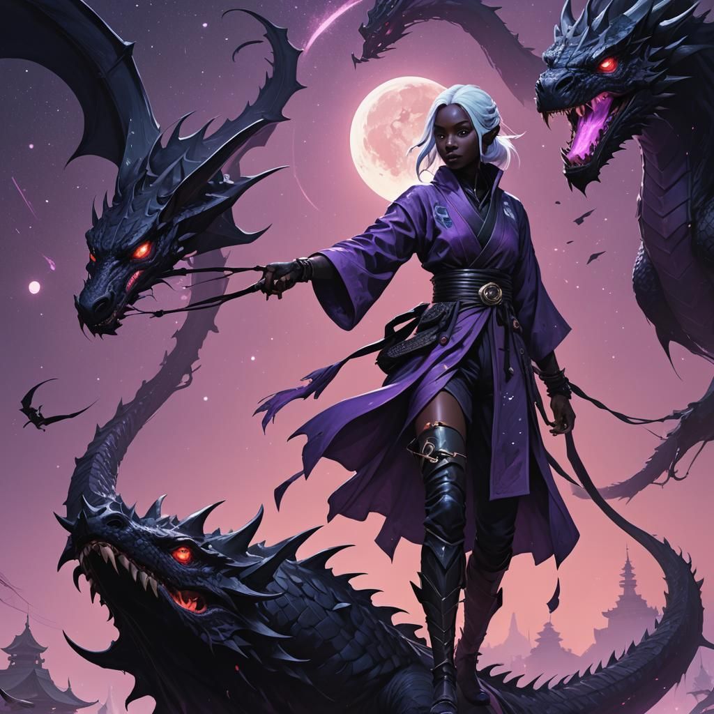 Drow Girl on Black Dragon in Starry Universe