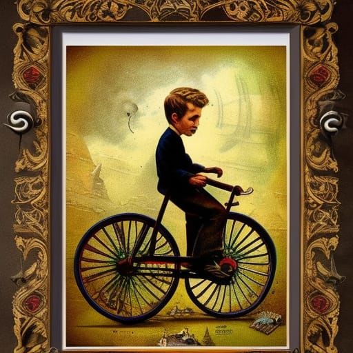 Victorian Boy on Strange Bicycle: Detailed Matte Painting