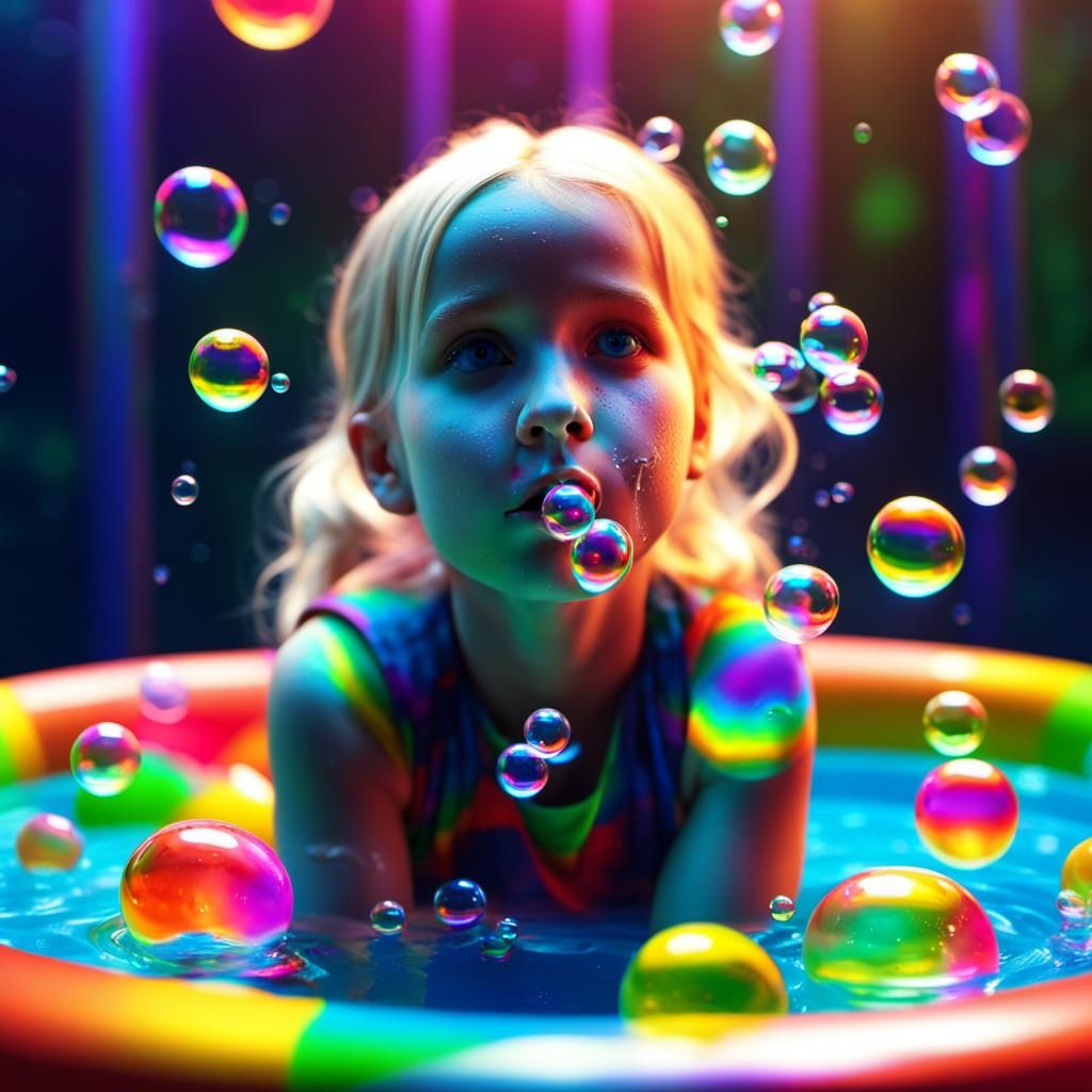 Little Blonde Girl Blowing Rainbow Bubbles in Neon